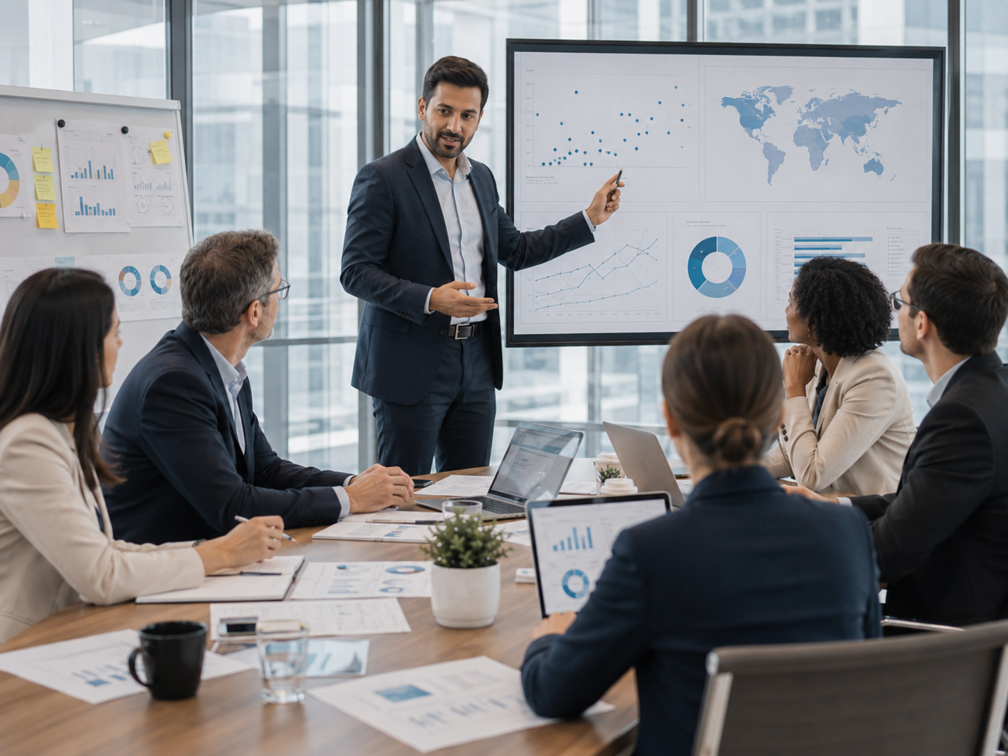 Analyst presenting program data dashboards to the team